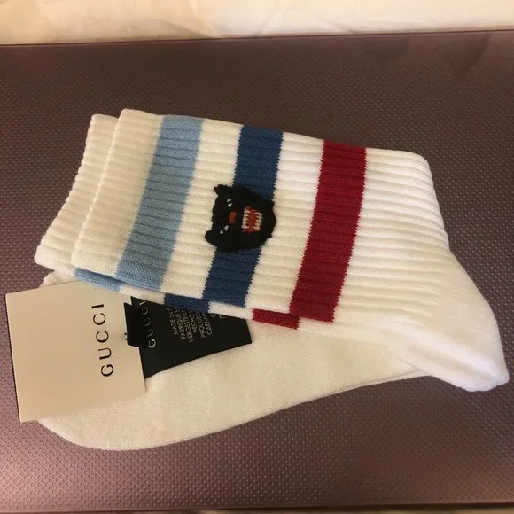 NEW Gucci Cotton Socks in White with Stripes and Panther Patch